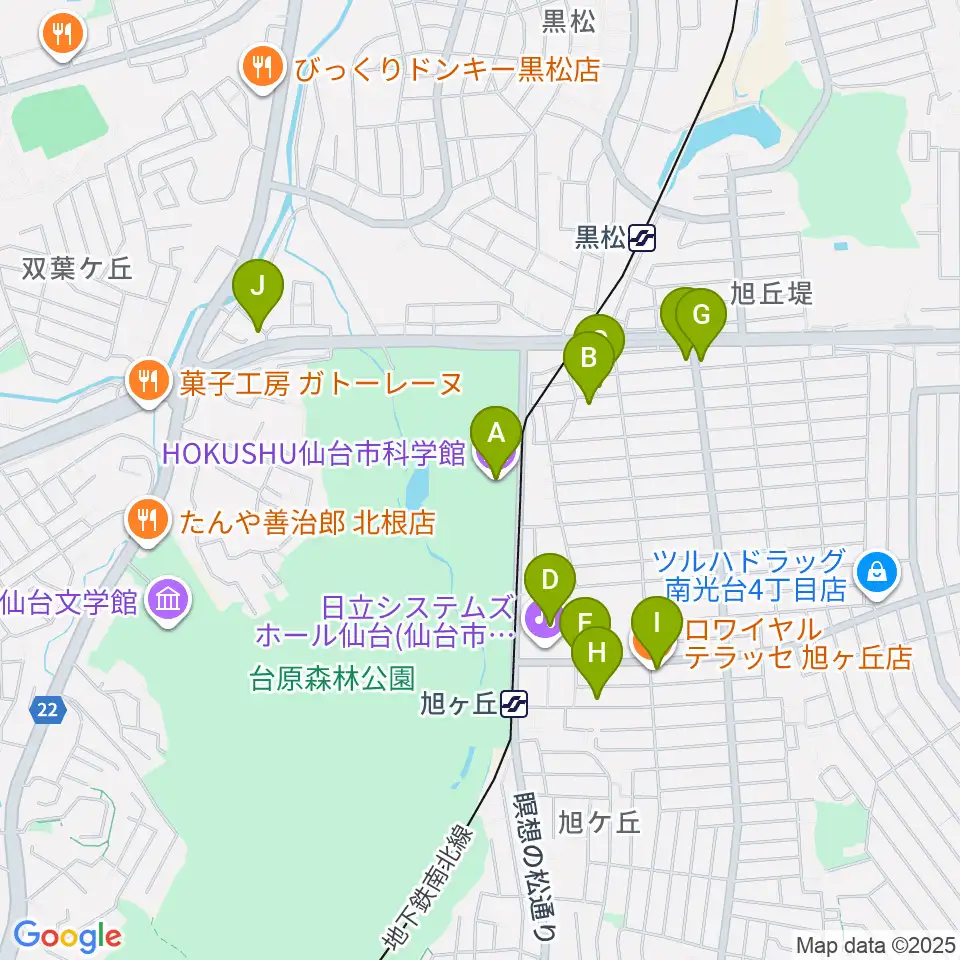 HOKUSHU仙台市科学館周辺のファミレス・ファーストフード一覧地図