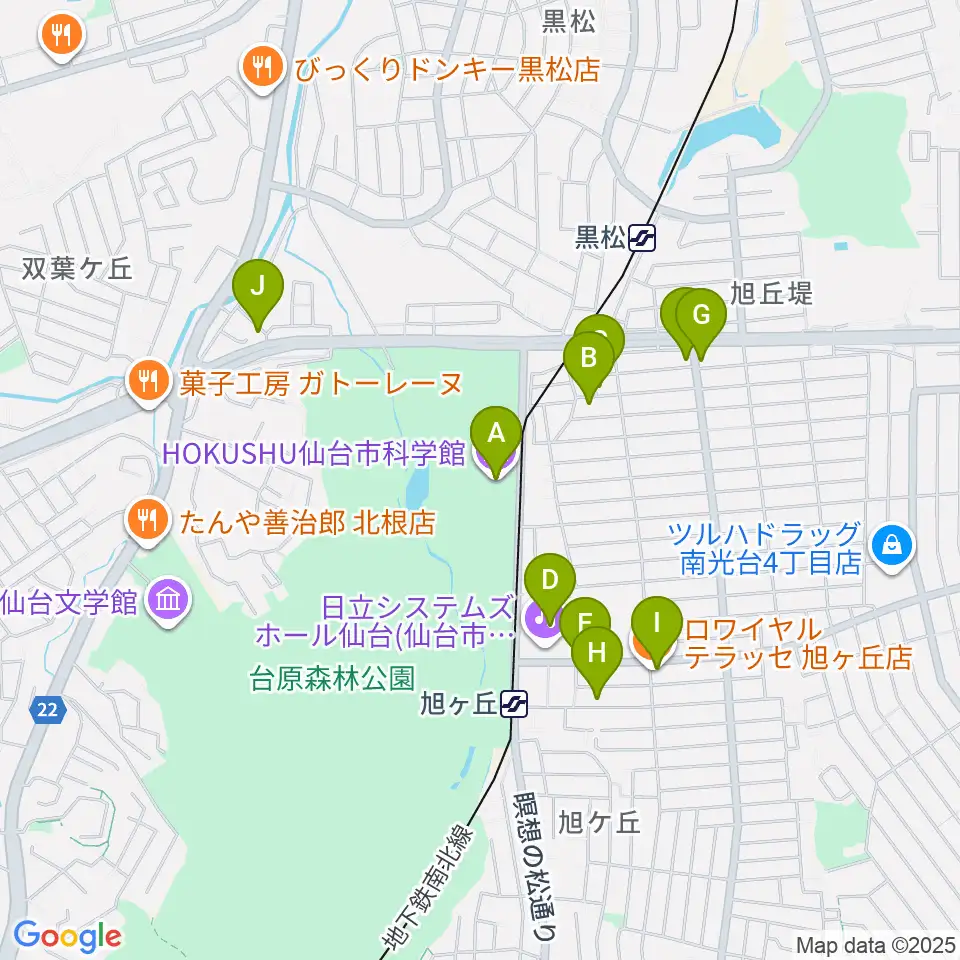 HOKUSHU仙台市科学館周辺のファミレス・ファーストフード一覧地図
