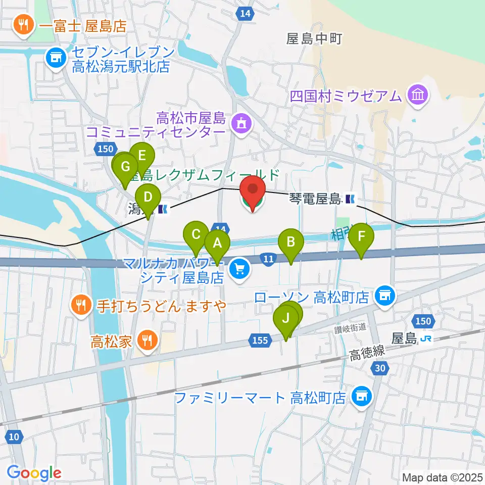 屋島レクザムフィールド周辺のファミレス・ファーストフード一覧地図