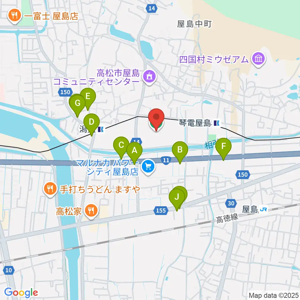屋島レクザムフィールド周辺のファミレス・ファーストフード一覧地図