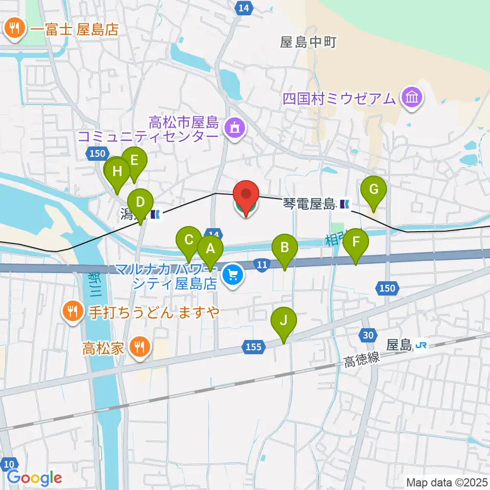 屋島レクザムフィールド周辺のファミレス・ファーストフード一覧地図