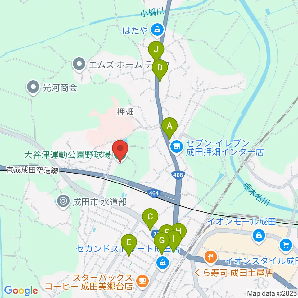 なごみの米屋ぴーちゃんフィールド大谷津 野球場周辺のファミレス・ファーストフード一覧地図