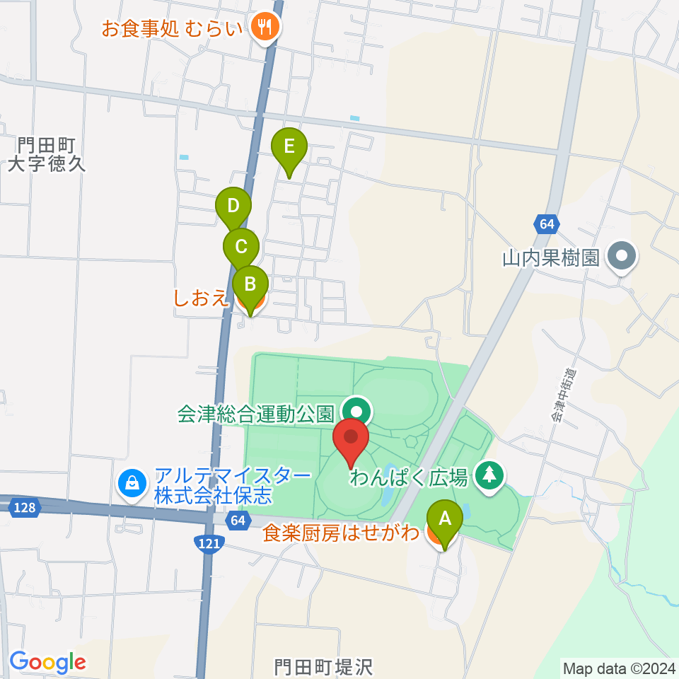 あいづ球場周辺のファミレス・ファーストフード一覧地図