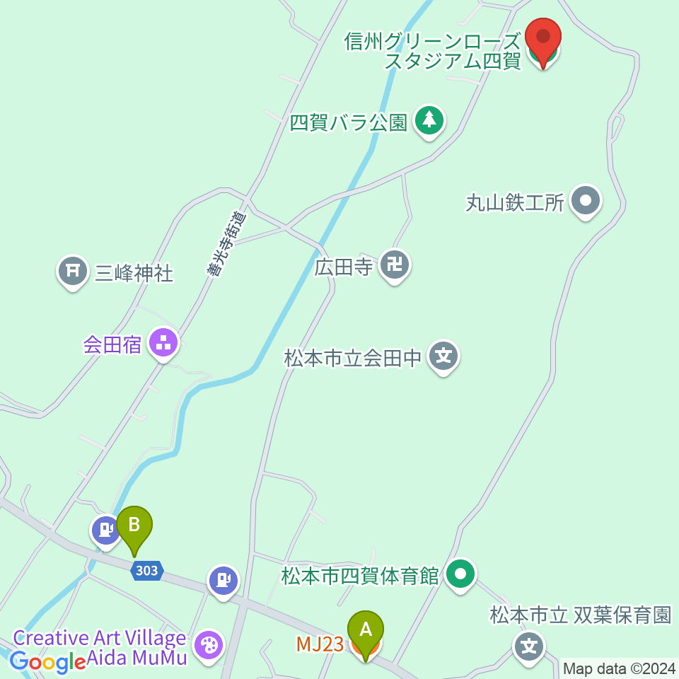 信州グリーンローズスタジアム四賀周辺のファミレス・ファーストフード一覧地図