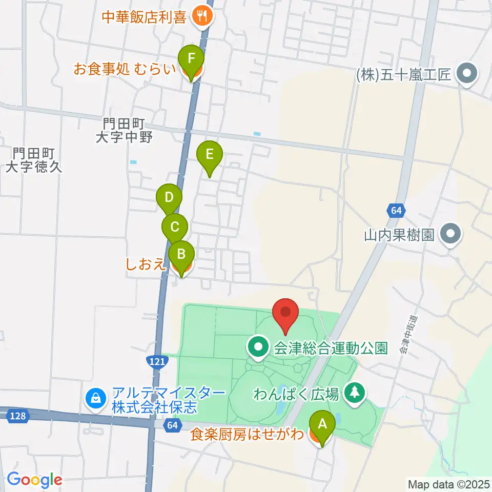 あいづ陸上競技場周辺のファミレス・ファーストフード一覧地図