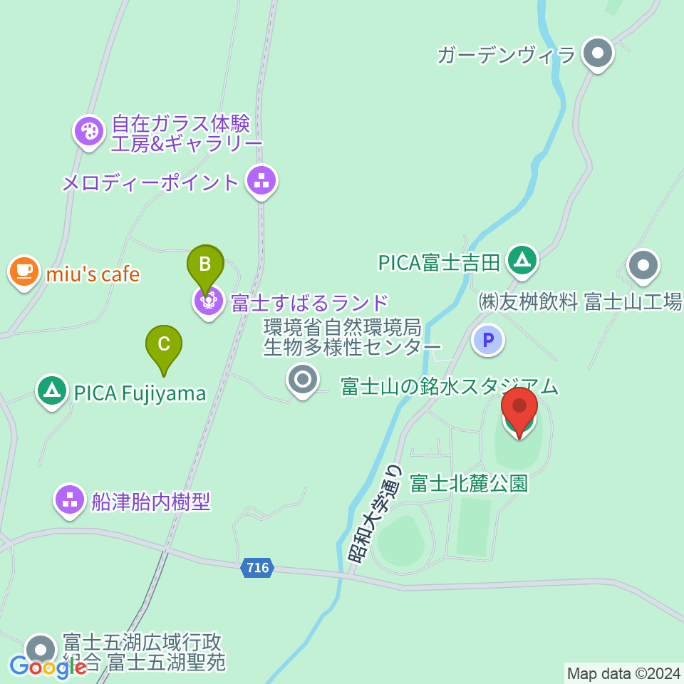 富士山の銘水スタジアム周辺のファミレス・ファーストフード一覧地図