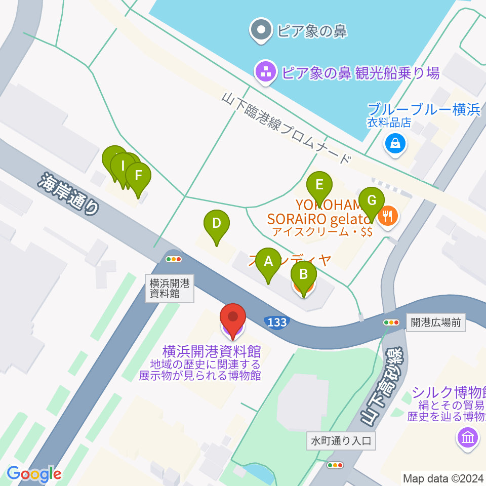 横浜開港資料館周辺のファミレス・ファーストフード一覧地図