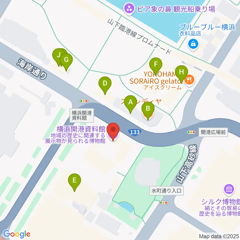 横浜開港資料館周辺のファミレス・ファーストフード一覧地図