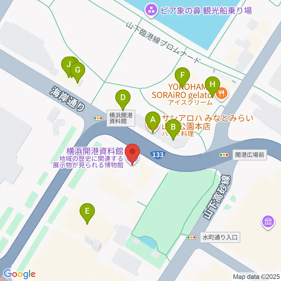 横浜開港資料館周辺のファミレス・ファーストフード一覧地図