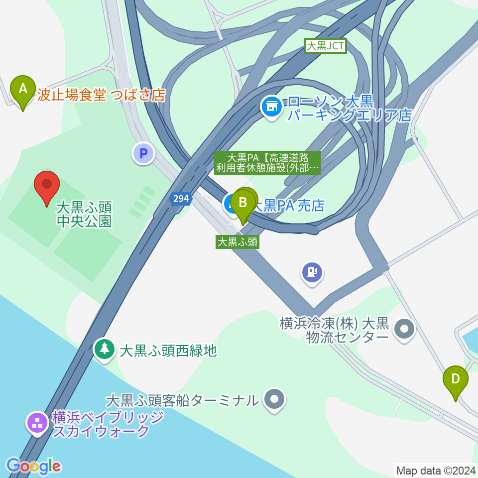 大黒ふ頭中央公園野球場周辺のファミレス・ファーストフード一覧地図