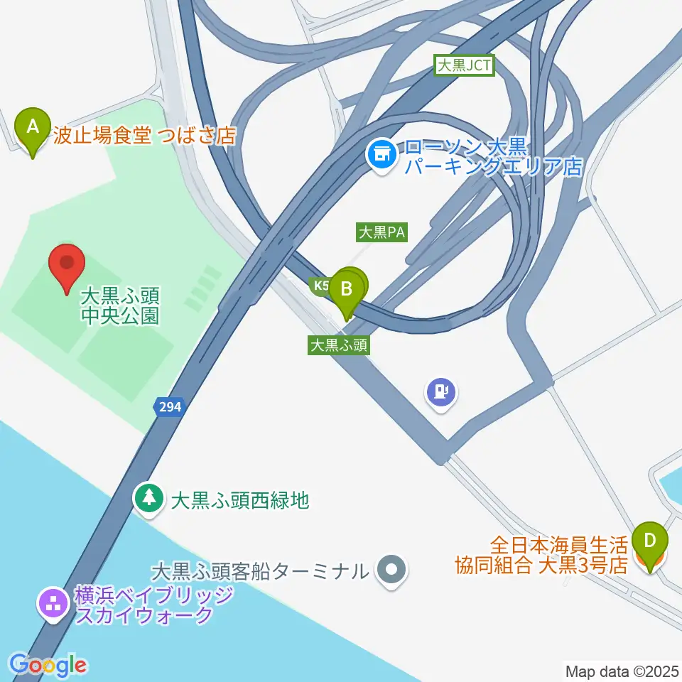 大黒ふ頭中央公園野球場周辺のファミレス・ファーストフード一覧地図