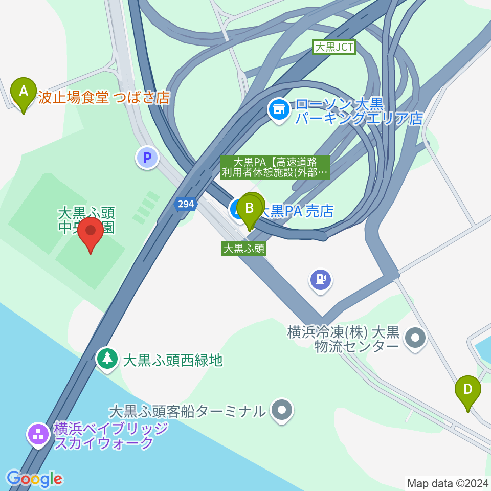 大黒ふ頭中央公園運動広場周辺のファミレス・ファーストフード一覧地図