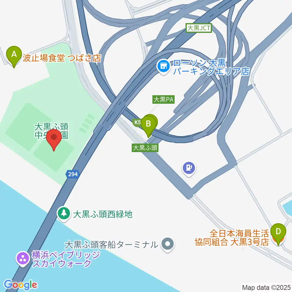 大黒ふ頭中央公園運動広場周辺のファミレス・ファーストフード一覧地図