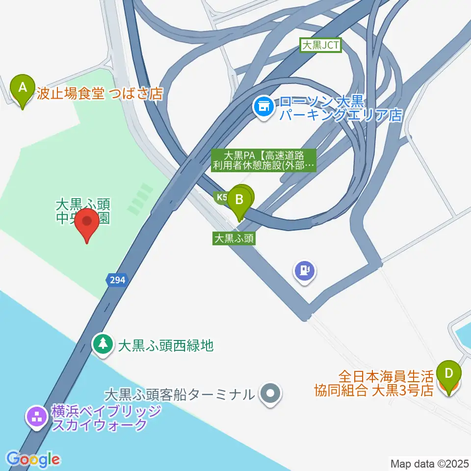大黒ふ頭中央公園運動広場周辺のファミレス・ファーストフード一覧地図