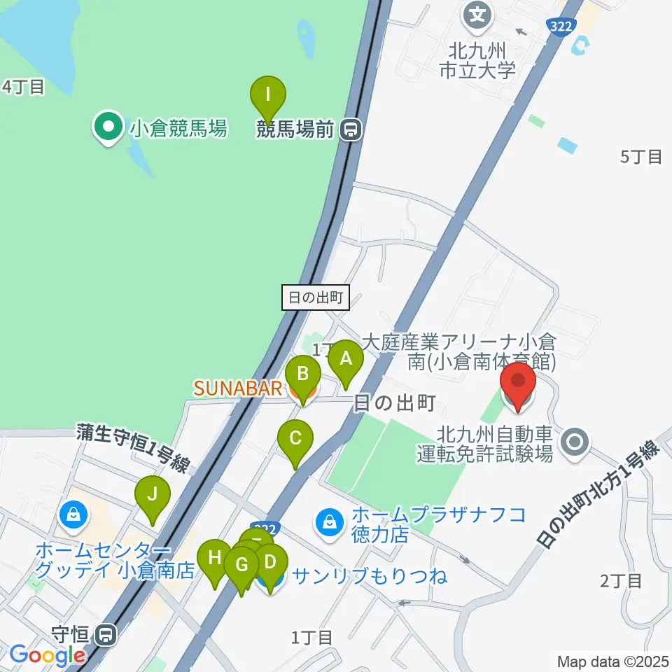 大庭産業アリーナ小倉南周辺のファミレス・ファーストフード一覧地図