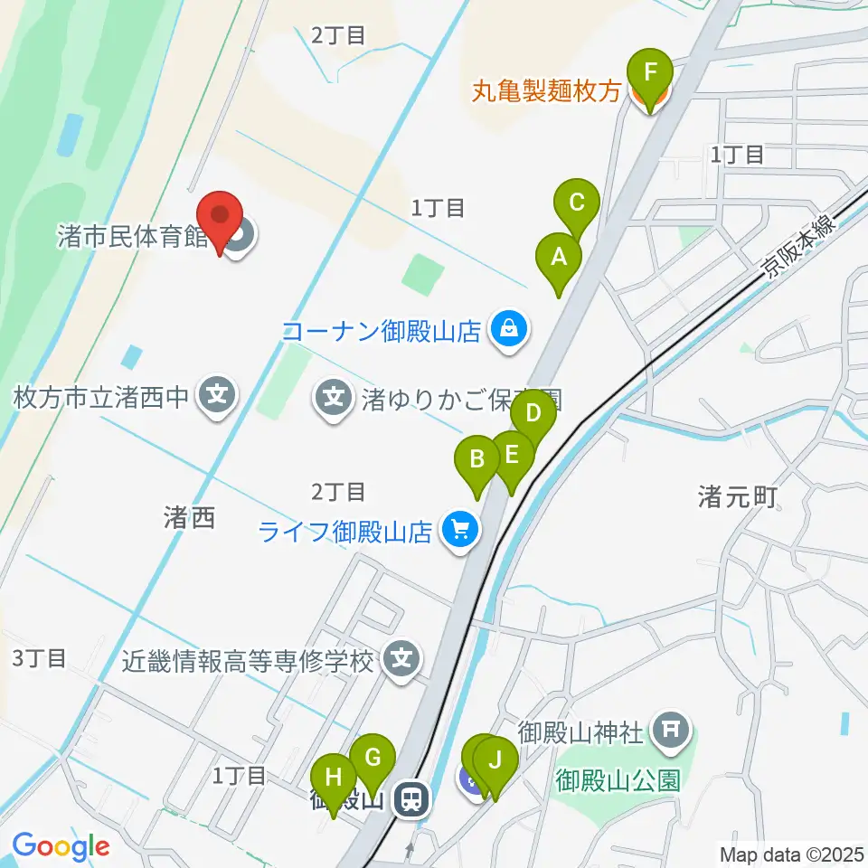 昌栄工務店ひらかた渚体育館周辺のファミレス・ファーストフード一覧地図