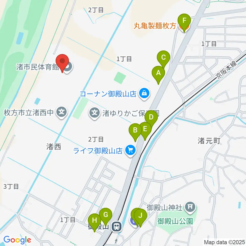 昌栄工務店ひらかた渚体育館周辺のファミレス・ファーストフード一覧地図