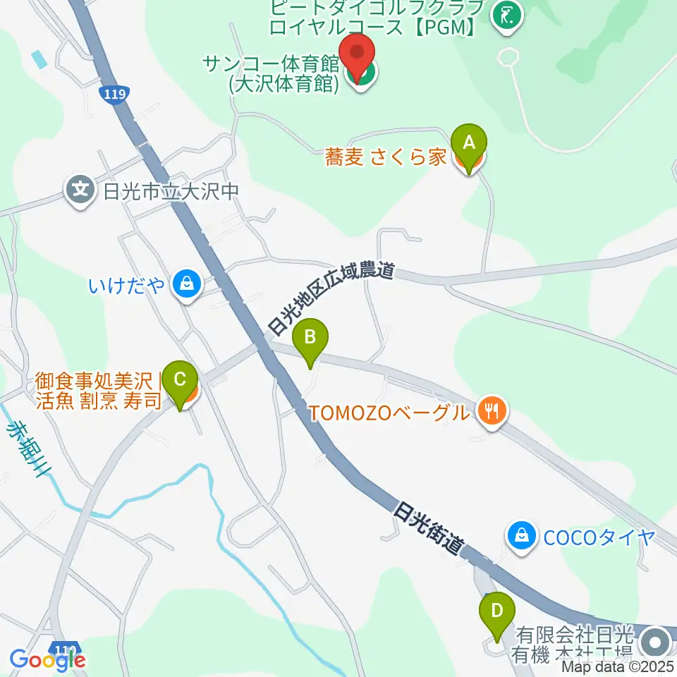 サンコー体育館周辺のファミレス・ファーストフード一覧地図