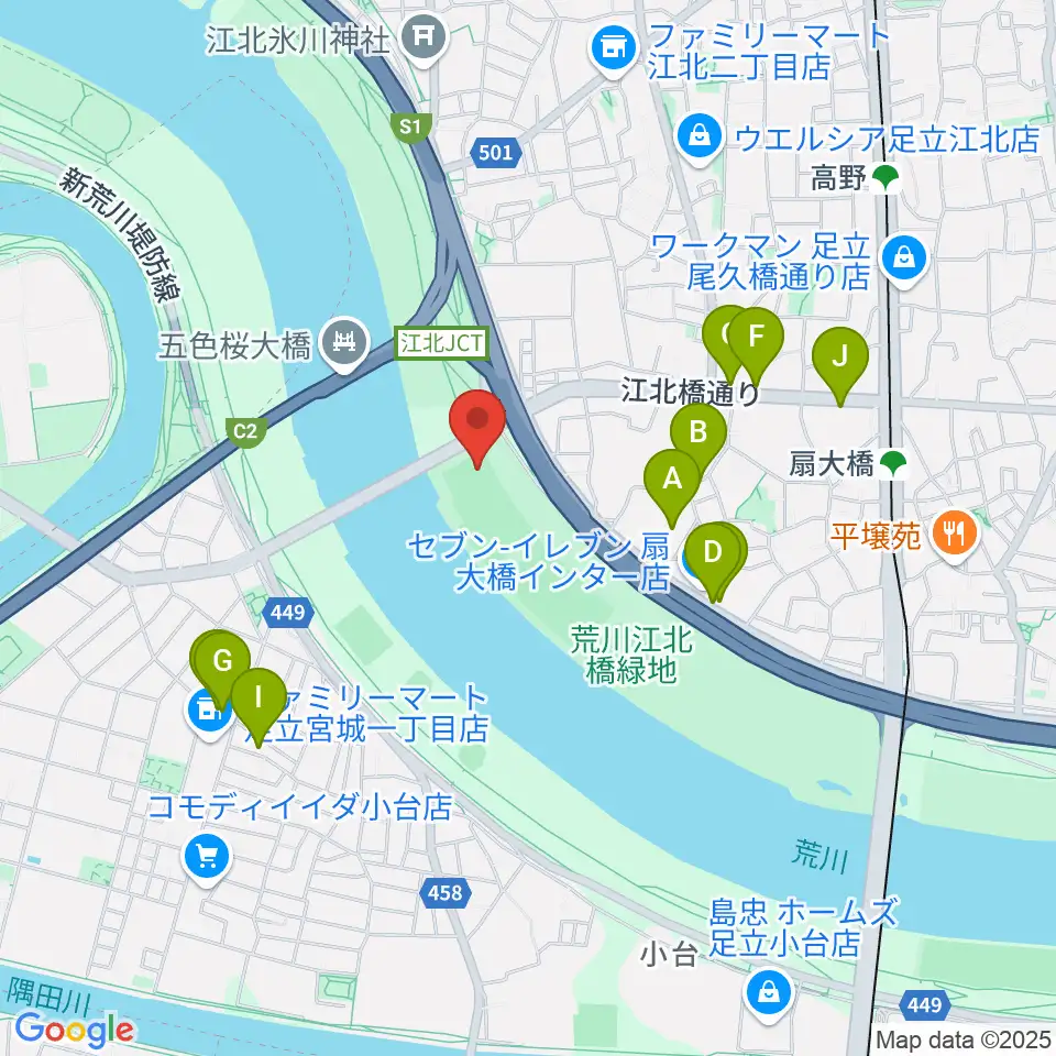 江北橋緑地左岸野球場周辺のファミレス・ファーストフード一覧地図