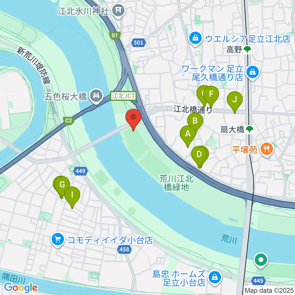江北橋緑地左岸野球場周辺のファミレス・ファーストフード一覧地図