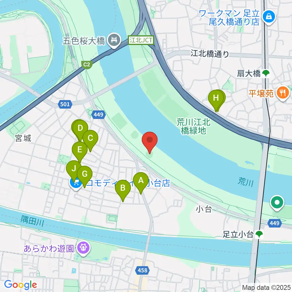 江北橋緑地右岸野球場周辺のファミレス・ファーストフード一覧地図