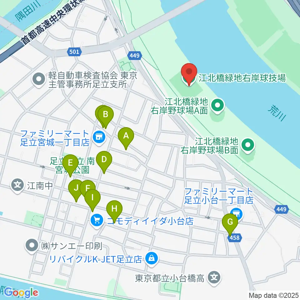 江北橋緑地右岸球技場周辺のファミレス・ファーストフード一覧地図