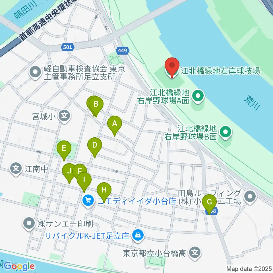 江北橋緑地右岸球技場周辺のファミレス・ファーストフード一覧地図