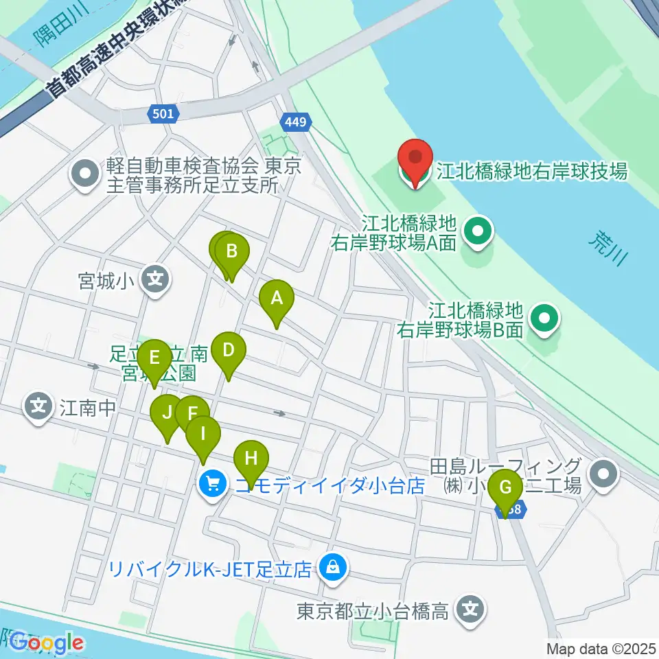 江北橋緑地右岸球技場周辺のファミレス・ファーストフード一覧地図