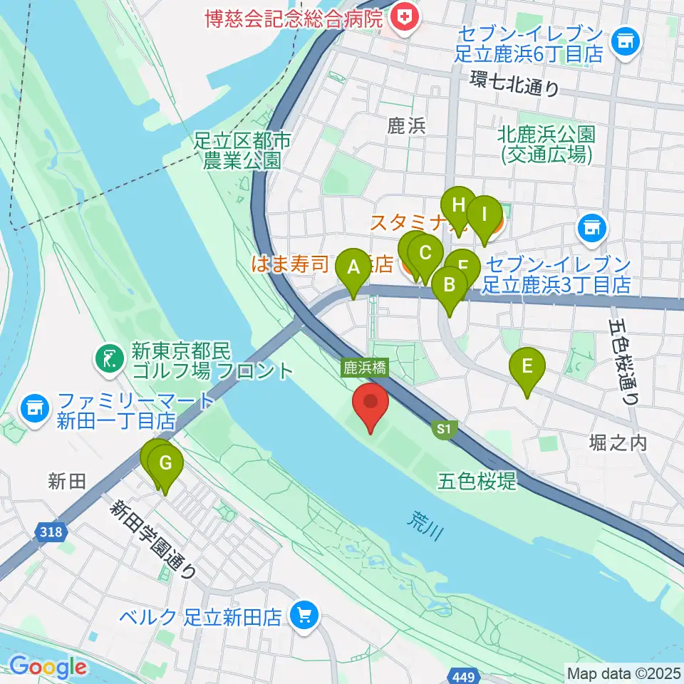 鹿浜橋緑地野球場周辺のファミレス・ファーストフード一覧地図