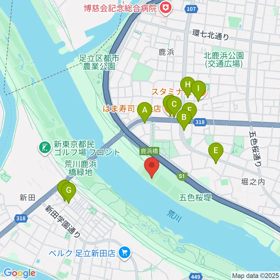 鹿浜橋緑地野球場周辺のファミレス・ファーストフード一覧地図