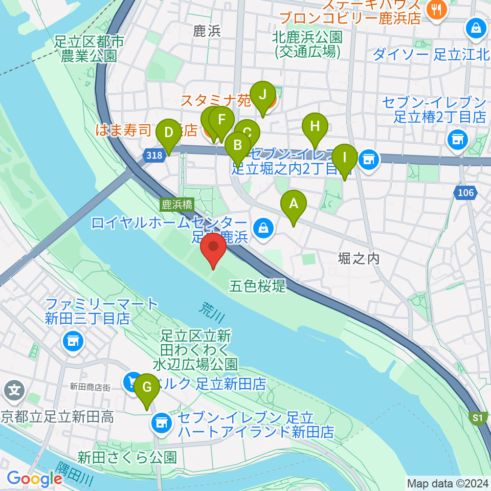 鹿浜橋緑地球技場周辺のファミレス・ファーストフード一覧地図