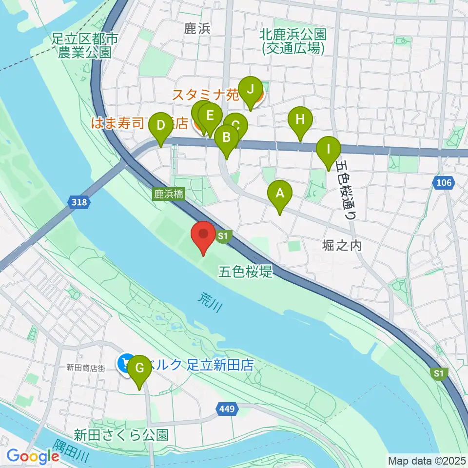 鹿浜橋緑地球技場周辺のファミレス・ファーストフード一覧地図