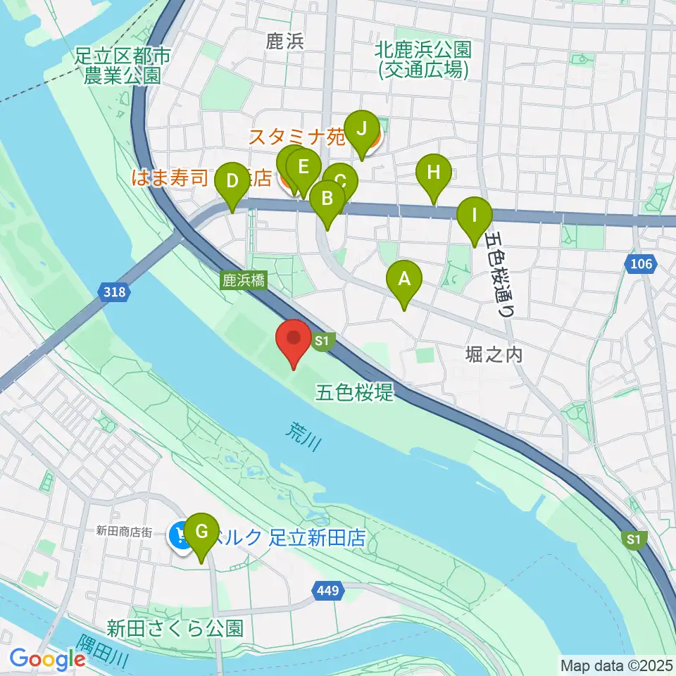 鹿浜橋緑地球技場周辺のファミレス・ファーストフード一覧地図