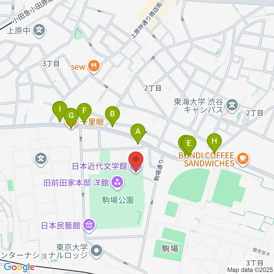 日本近代文学館周辺のファミレス・ファーストフード一覧地図