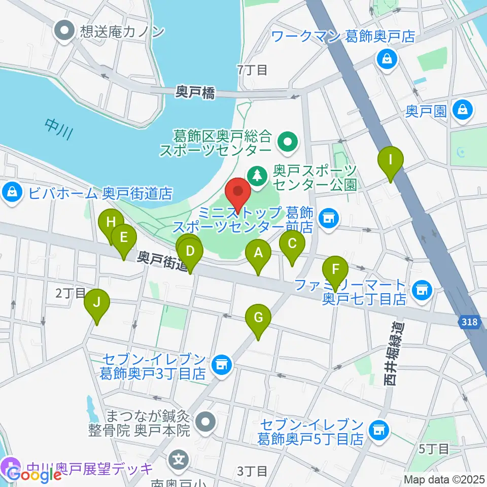 奥戸総合スポーツセンター陸上競技場周辺のファミレス・ファーストフード一覧地図