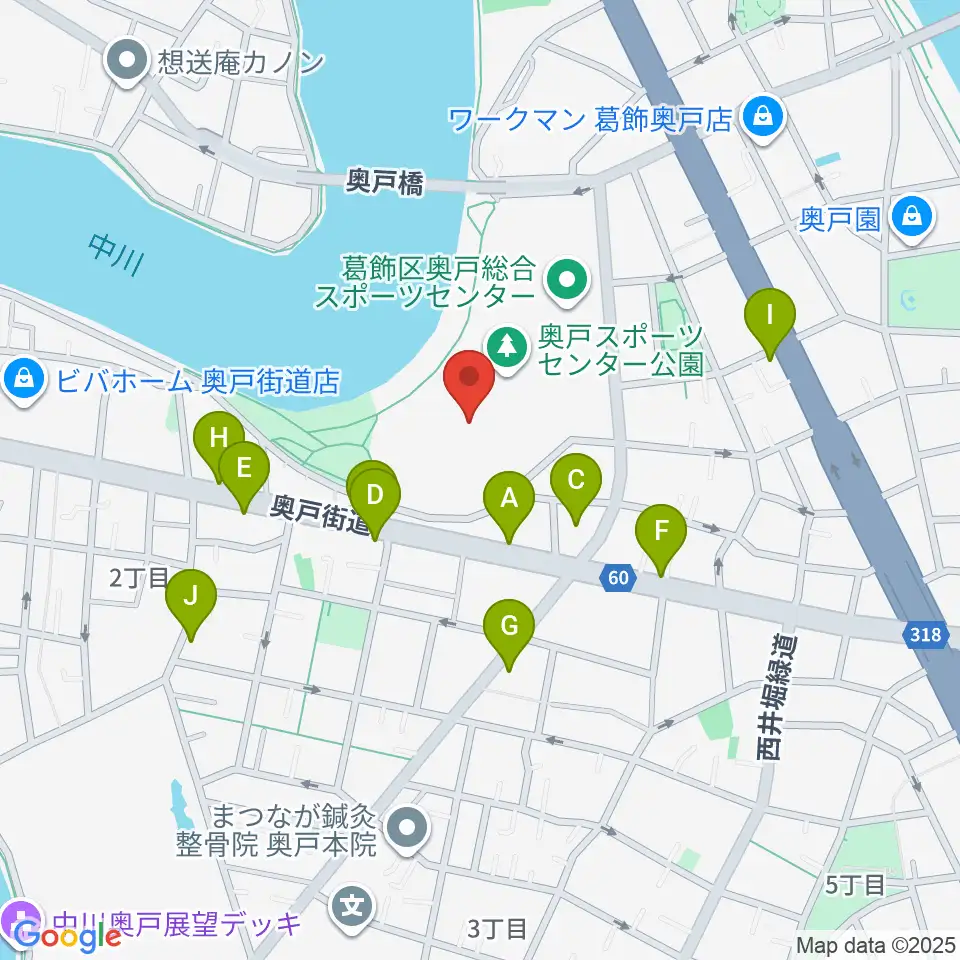 奥戸総合スポーツセンター陸上競技場周辺のファミレス・ファーストフード一覧地図