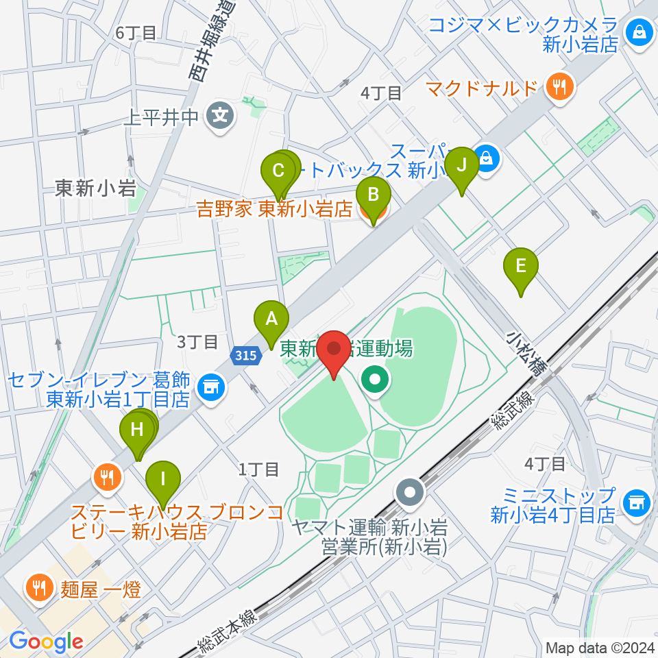 東新小岩運動場 野球場周辺のファミレス・ファーストフード一覧地図