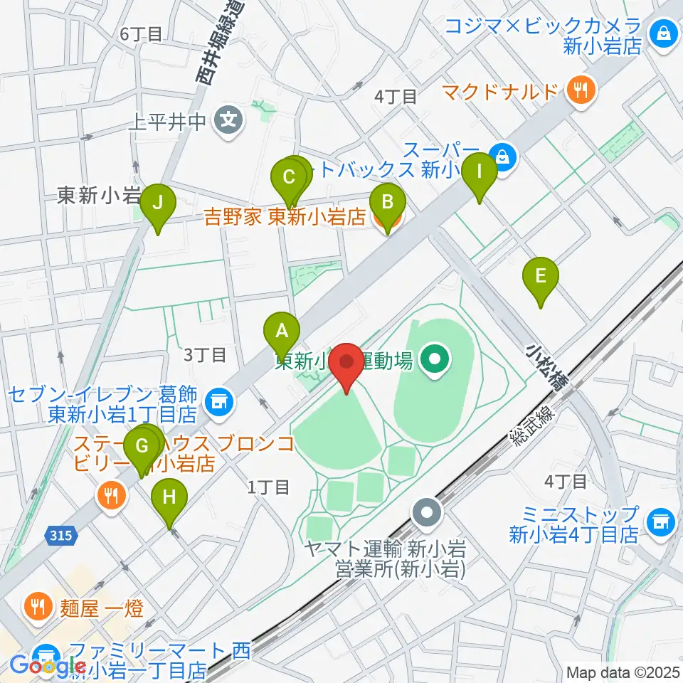 東新小岩運動場 野球場周辺のファミレス・ファーストフード一覧地図