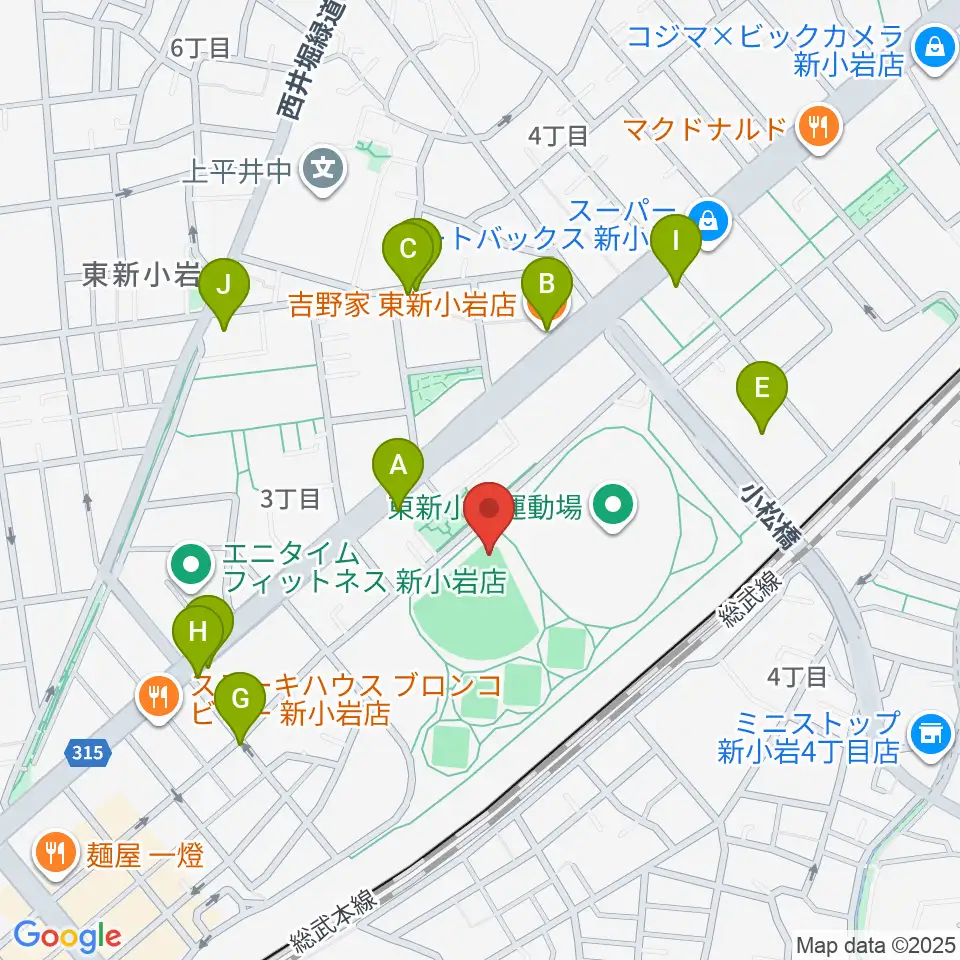 東新小岩運動場 野球場周辺のファミレス・ファーストフード一覧地図