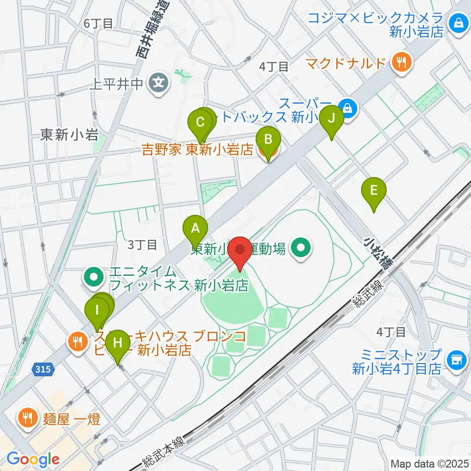 東新小岩運動場 野球場周辺のファミレス・ファーストフード一覧地図