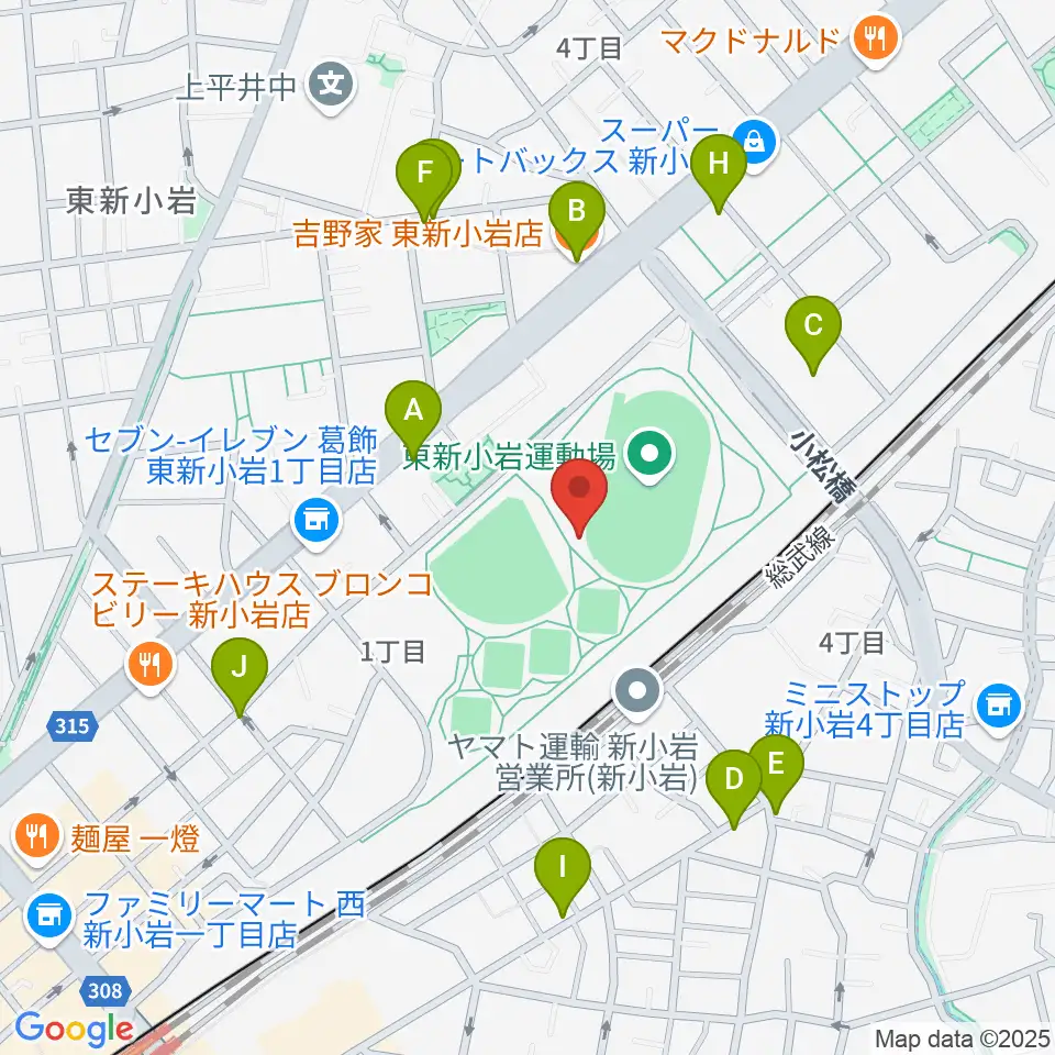 東新小岩運動場 陸上競技場周辺のファミレス・ファーストフード一覧地図