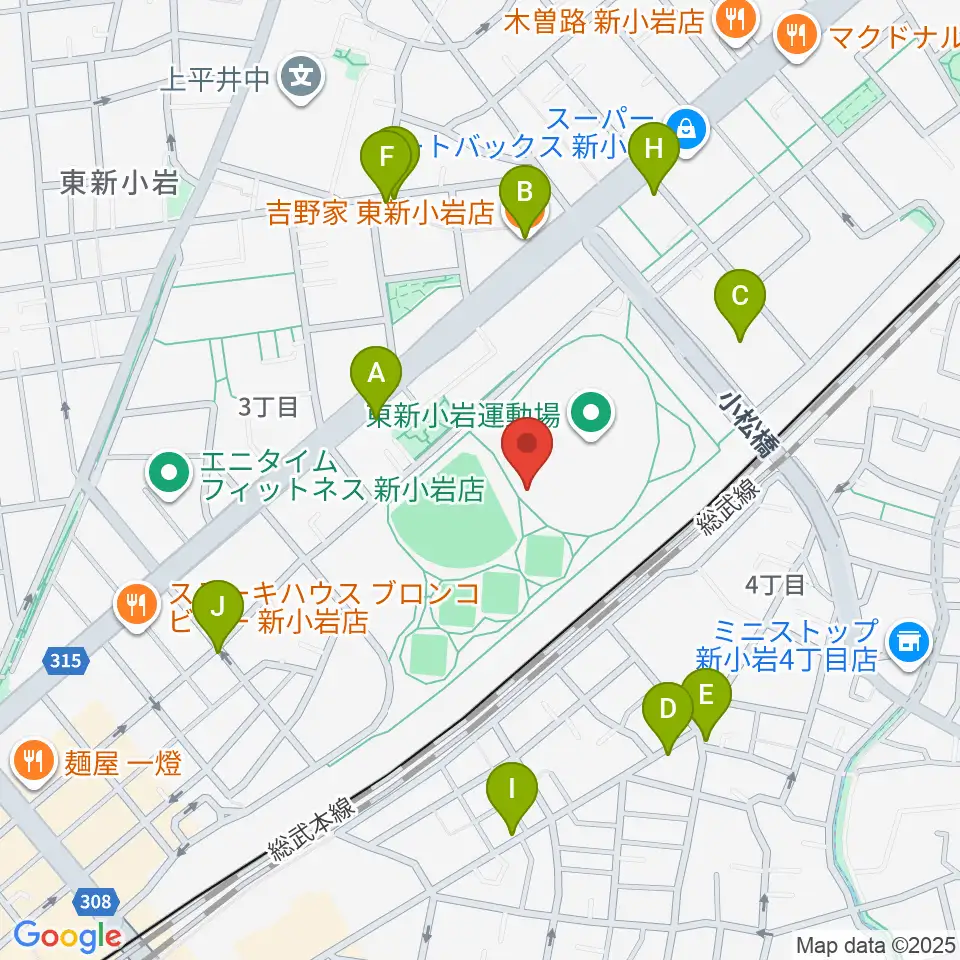 東新小岩運動場 陸上競技場周辺のファミレス・ファーストフード一覧地図