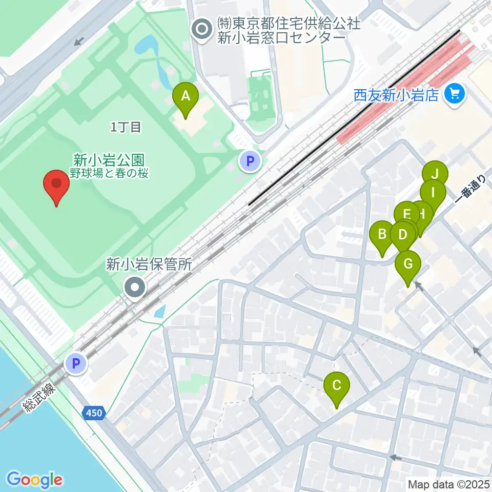 新小岩公園野球場周辺のファミレス・ファーストフード一覧地図