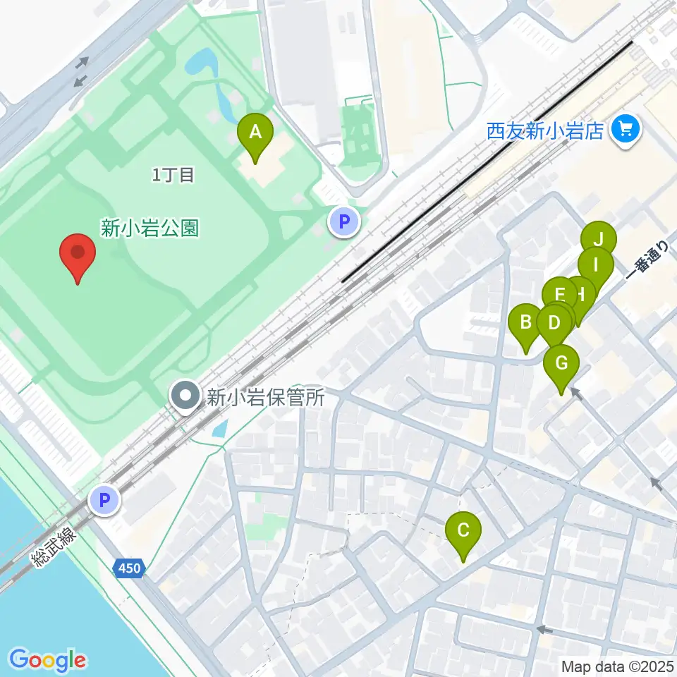 新小岩公園野球場周辺のファミレス・ファーストフード一覧地図