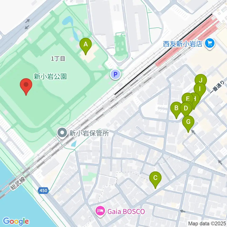 新小岩公園野球場周辺のファミレス・ファーストフード一覧地図