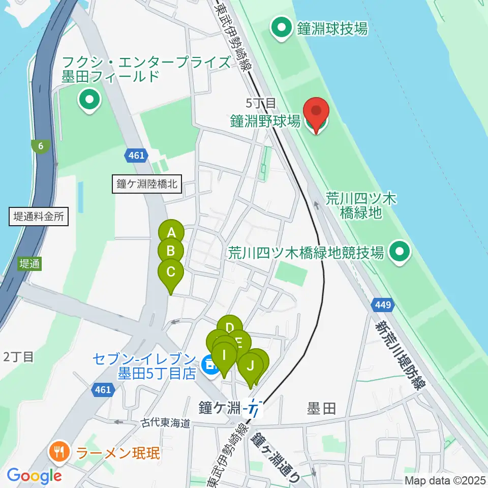 鐘淵野球場周辺のファミレス・ファーストフード一覧地図