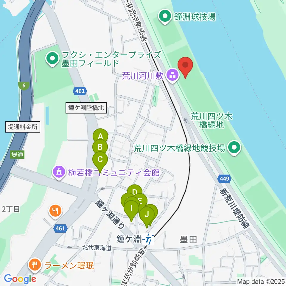 鐘淵野球場周辺のファミレス・ファーストフード一覧地図