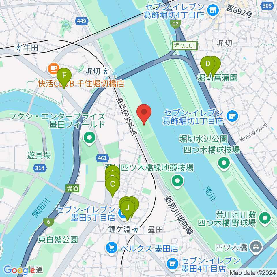 鐘淵球技場周辺のファミレス・ファーストフード一覧地図