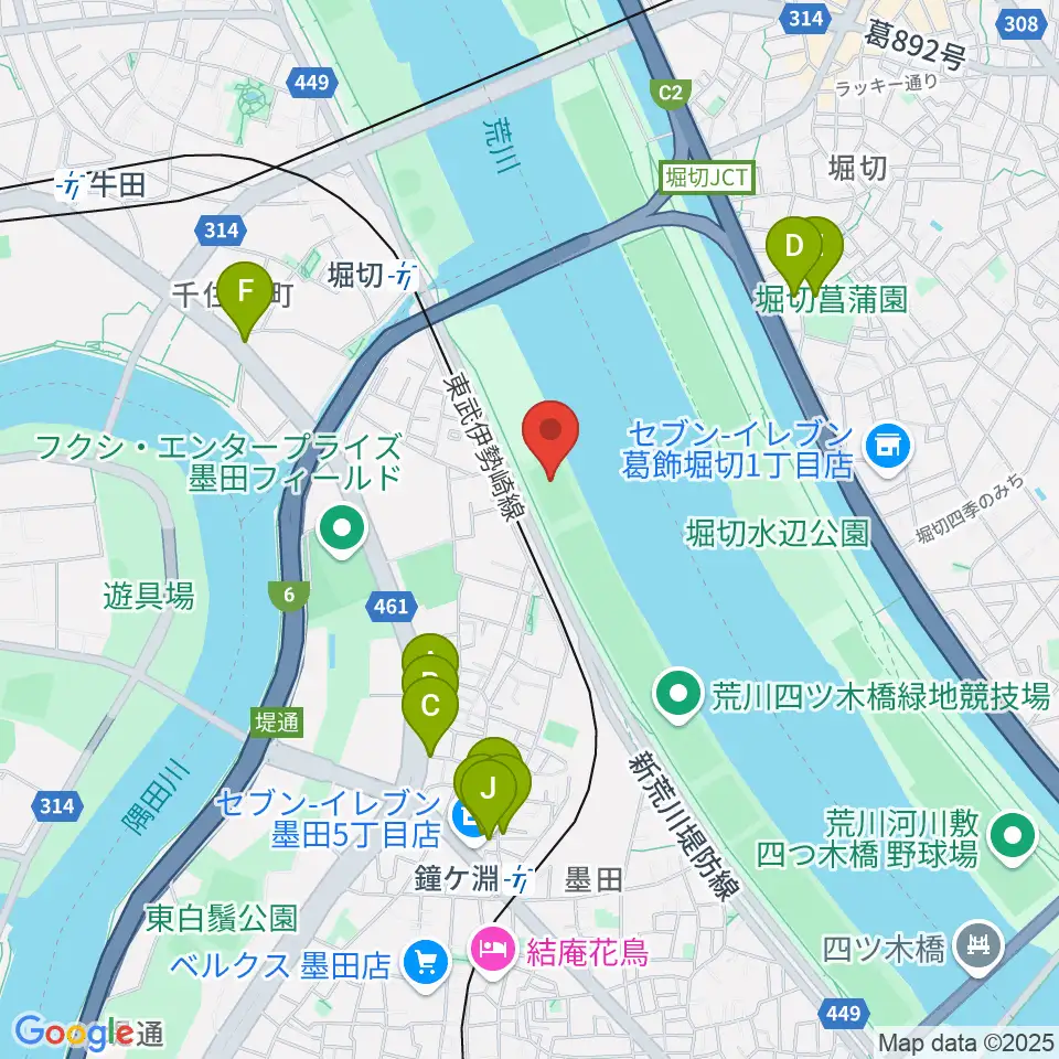 鐘淵球技場周辺のファミレス・ファーストフード一覧地図
