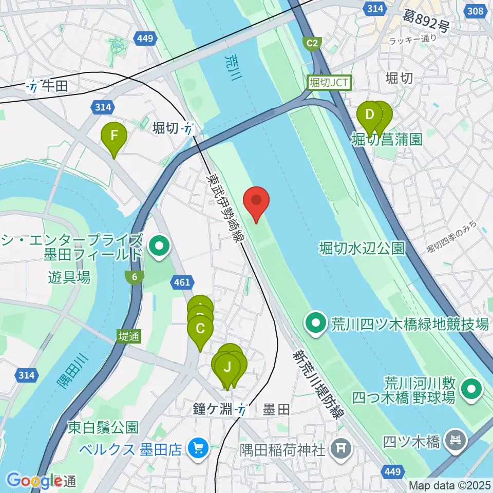 鐘淵球技場周辺のファミレス・ファーストフード一覧地図
